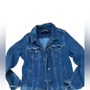 KARL LAGERFELD EUC distressed dark denim blue jean jacket sz M